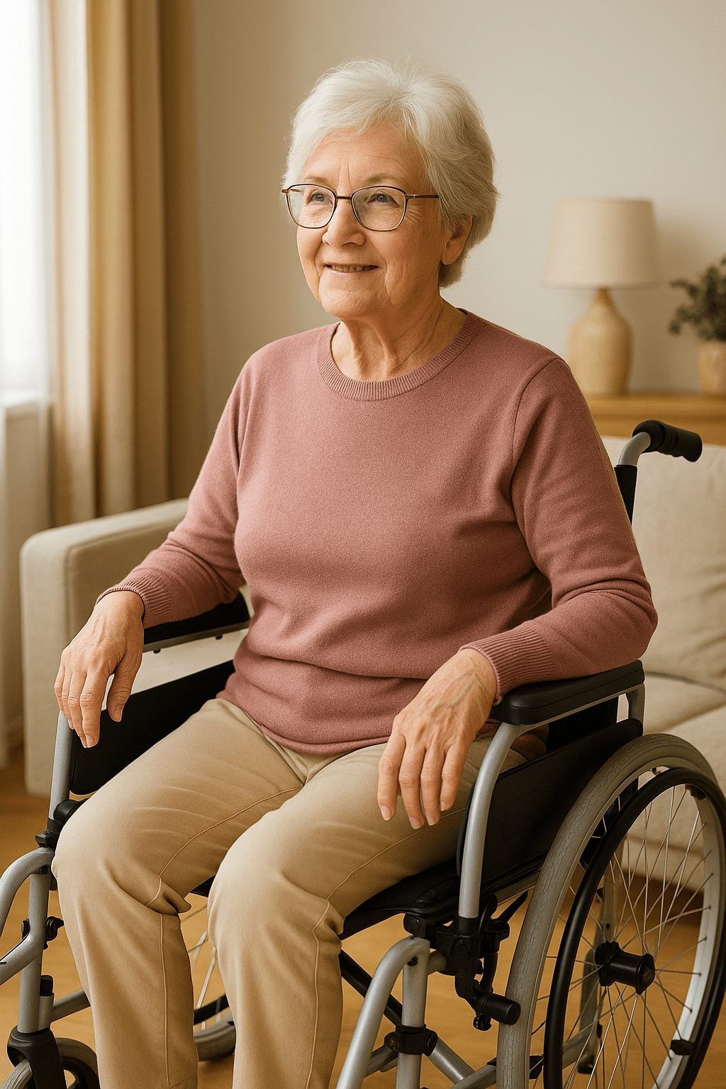Donna anziana che utilizza una carrozzina leggera in casa, in un ambiente luminoso e ordinato, simbolo di comfort e autonomia.