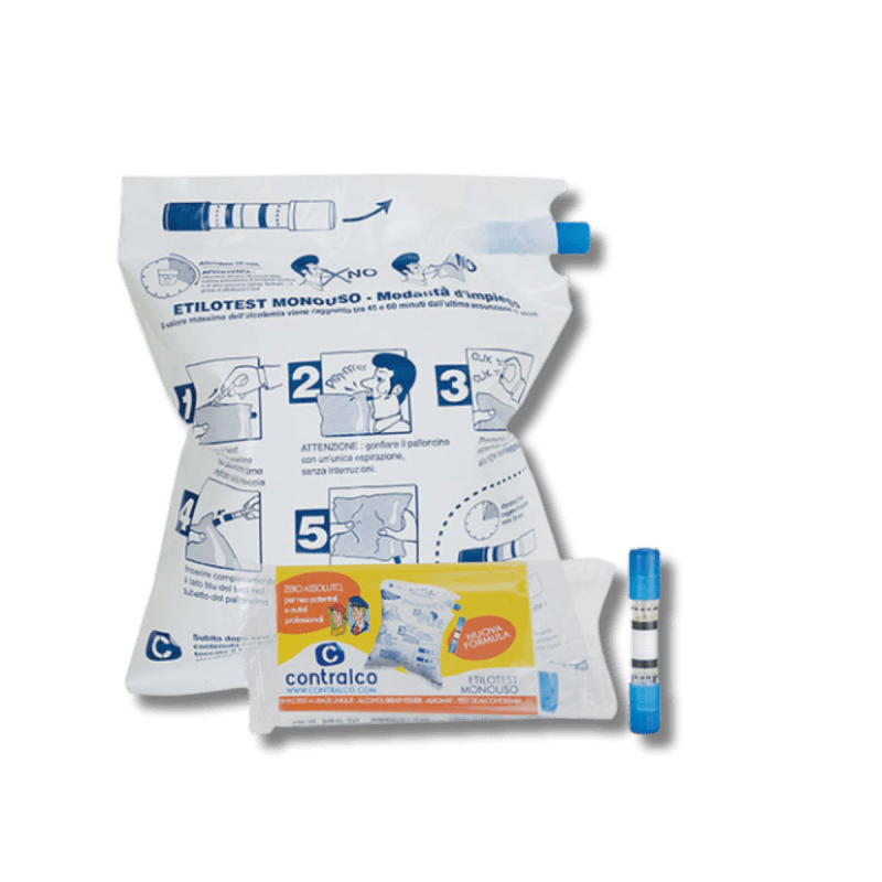 Kit monouso per test, comprensivo di un palloncino con boccaglio e valvola, un test reattivo, una confezione flowpack e una busta con etichetta per la tracciabilità.