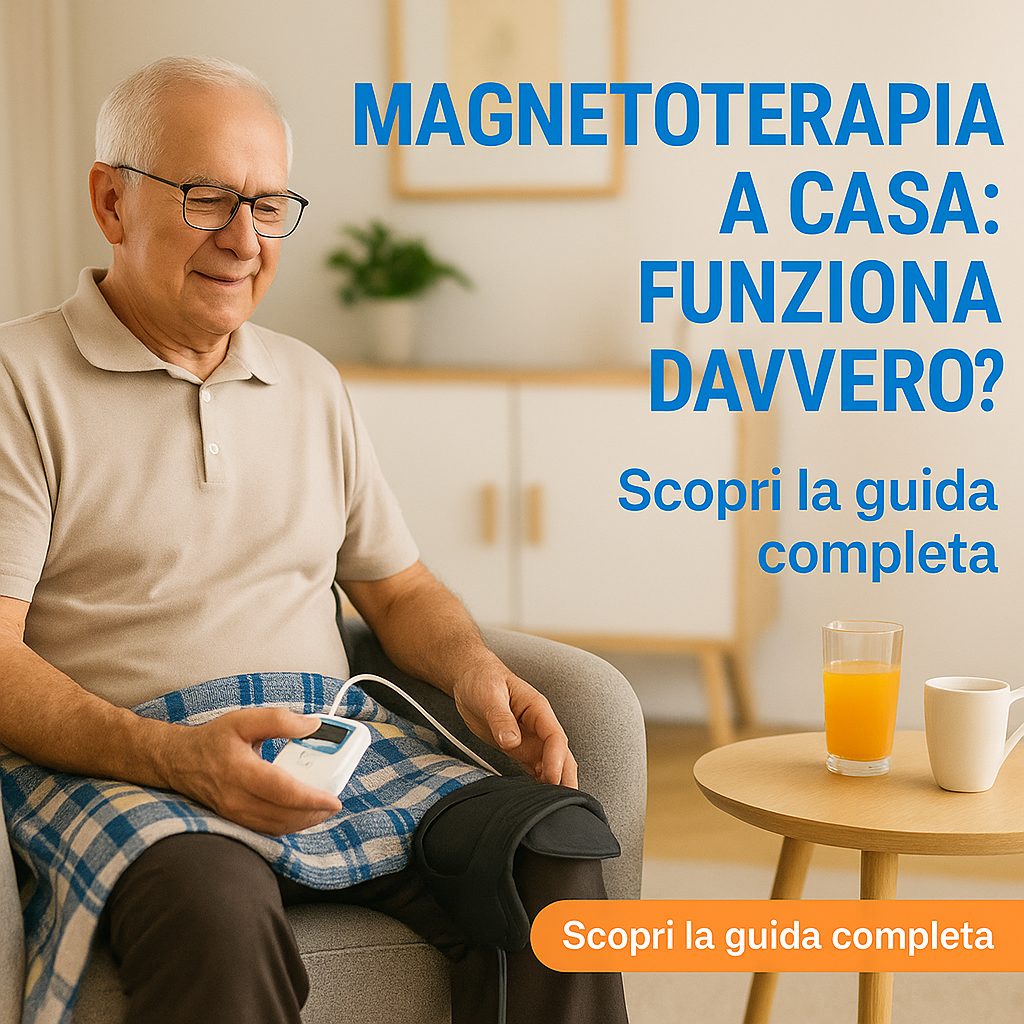 Anziano che utilizza un dispositivo per magnetoterapia a casa in un ambiente rilassato