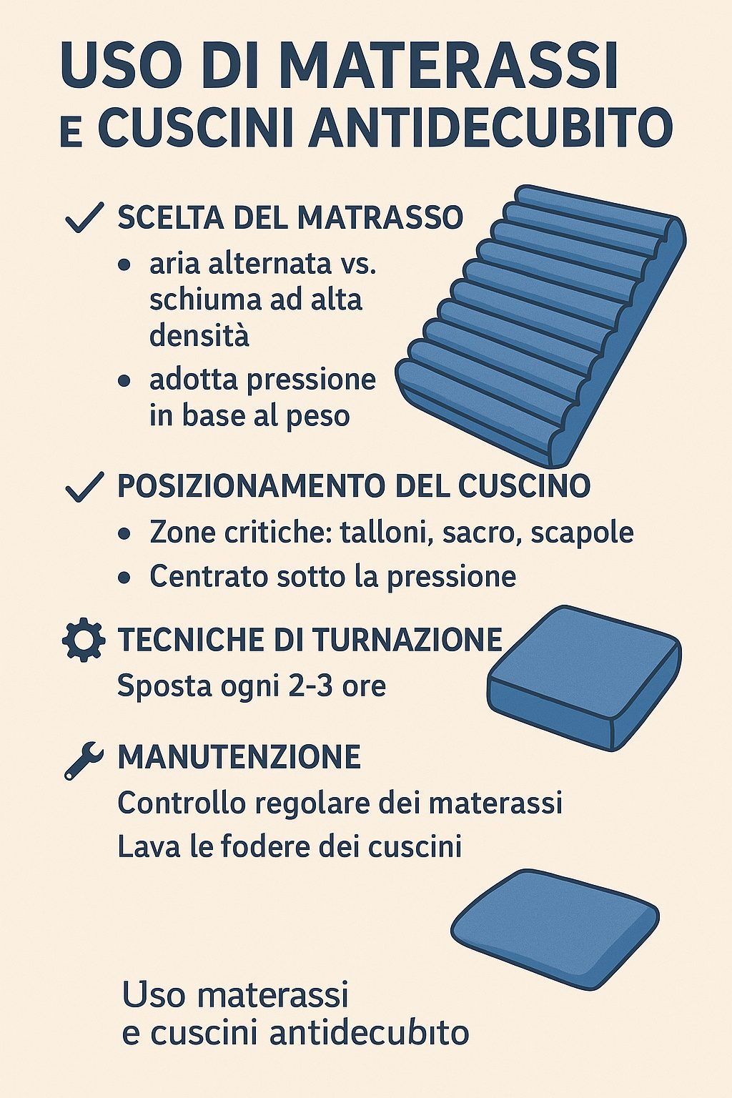 Infografica illustrativa con istruzioni su scelta, posizionamento, turnazione e manutenzione di materassi e cuscini antidecubito per prevenire le piaghe da decubito.