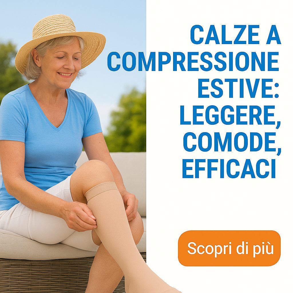Donna matura seduta che indossa calze a compressione leggere, adatte all’estate