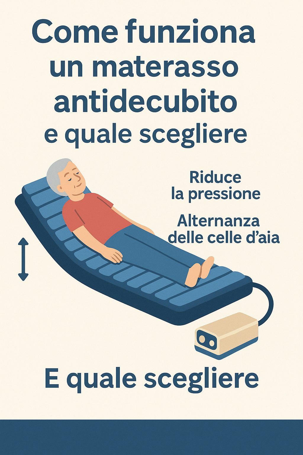 Infografica che mostra il funzionamento di un materasso antidecubito a pressione alternata, con un anziano disteso e compressore collegato, utile per prevenire le piaghe da decubito.