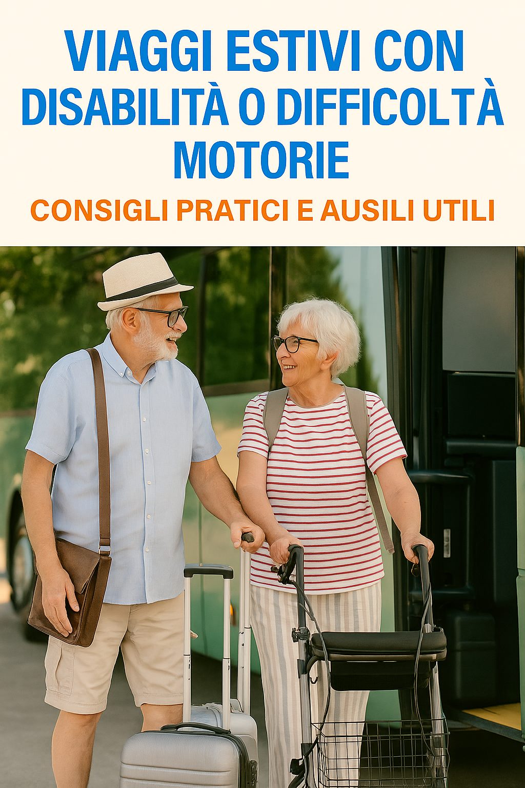 Anziano con difficoltà motorie pronto per un viaggio estivo, con valigia e ausili