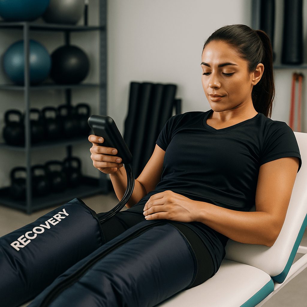 Donna atleta utilizza la pressoterapia per recupero muscolare e prevenzione infortuni