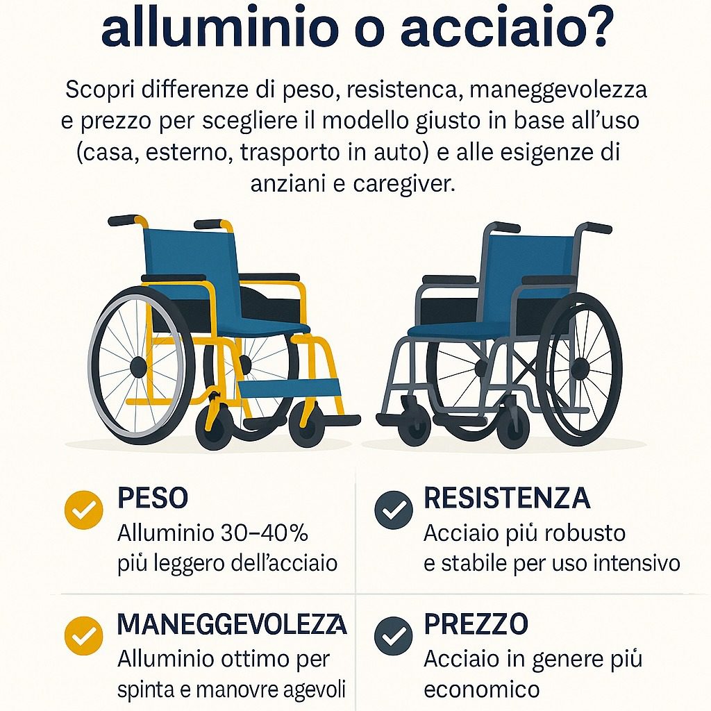 Anziano e caregiver accanto a due carrozzine, una leggera in alluminio e una in acciaio, confronto tra modelli per peso e praticità.