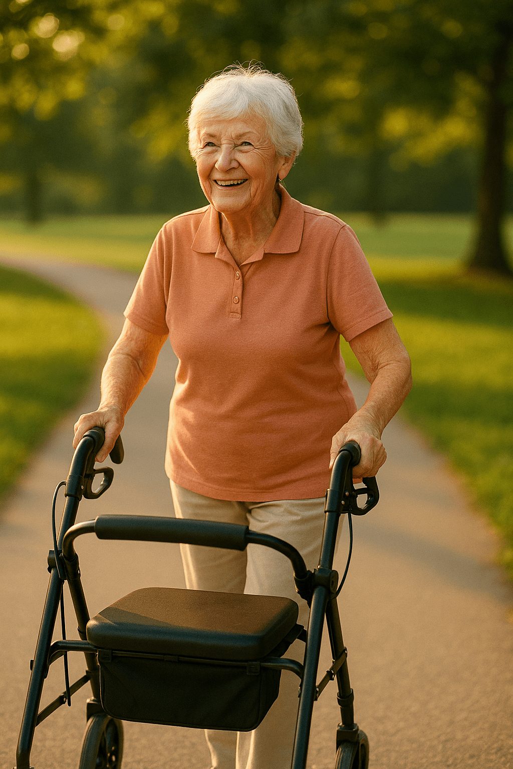 Donna anziana che cammina serenamente al tramonto in un parco con un deambulatore rollator a 4 ruote