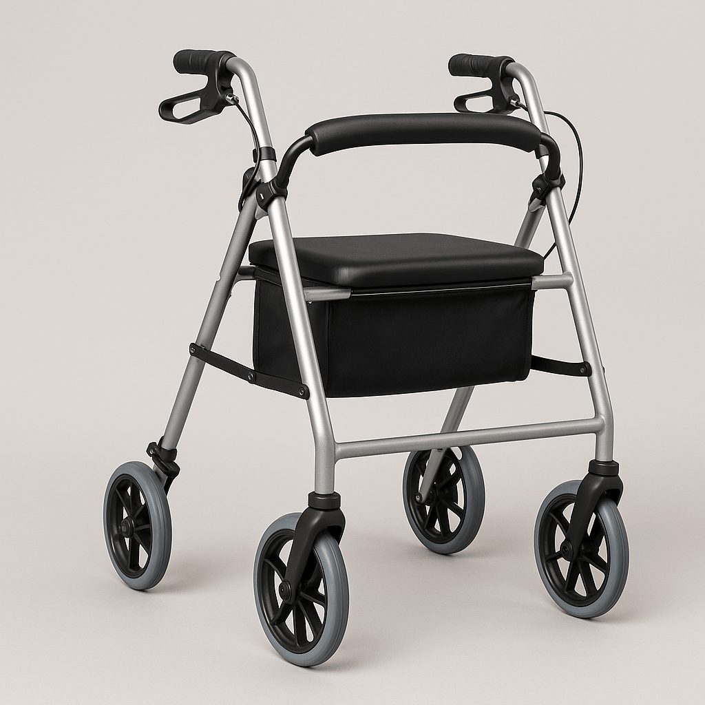 Deambulatore pieghevole in alluminio con quattro ruote, impugnature ergonomiche, freni e seduta imbottita, su sfondo neutro