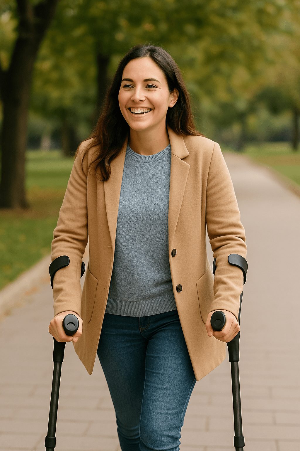 Donna sorridente che utilizza stampelle ergonomiche canadesi durante una passeggiata all’aperto