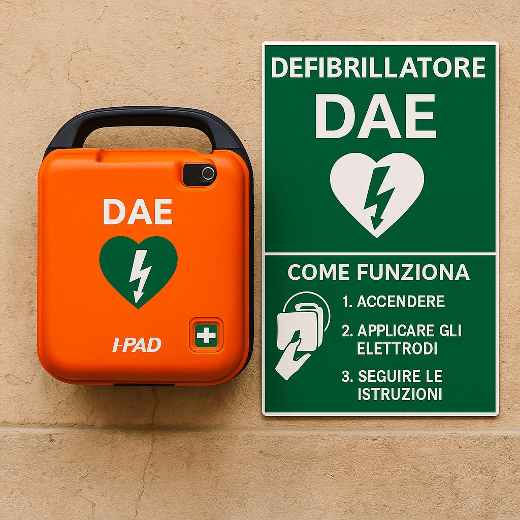 Defibrillatore DAE installato in luogo pubblico con teca di sicurezza, esempio conforme alla normativa italiana